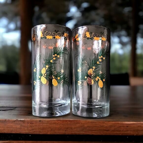 2 MCM Pine Branch Gold Holly Tumblers Continental Can Co Hazel Atlas Winter Vtg. - Picture 14 of 16